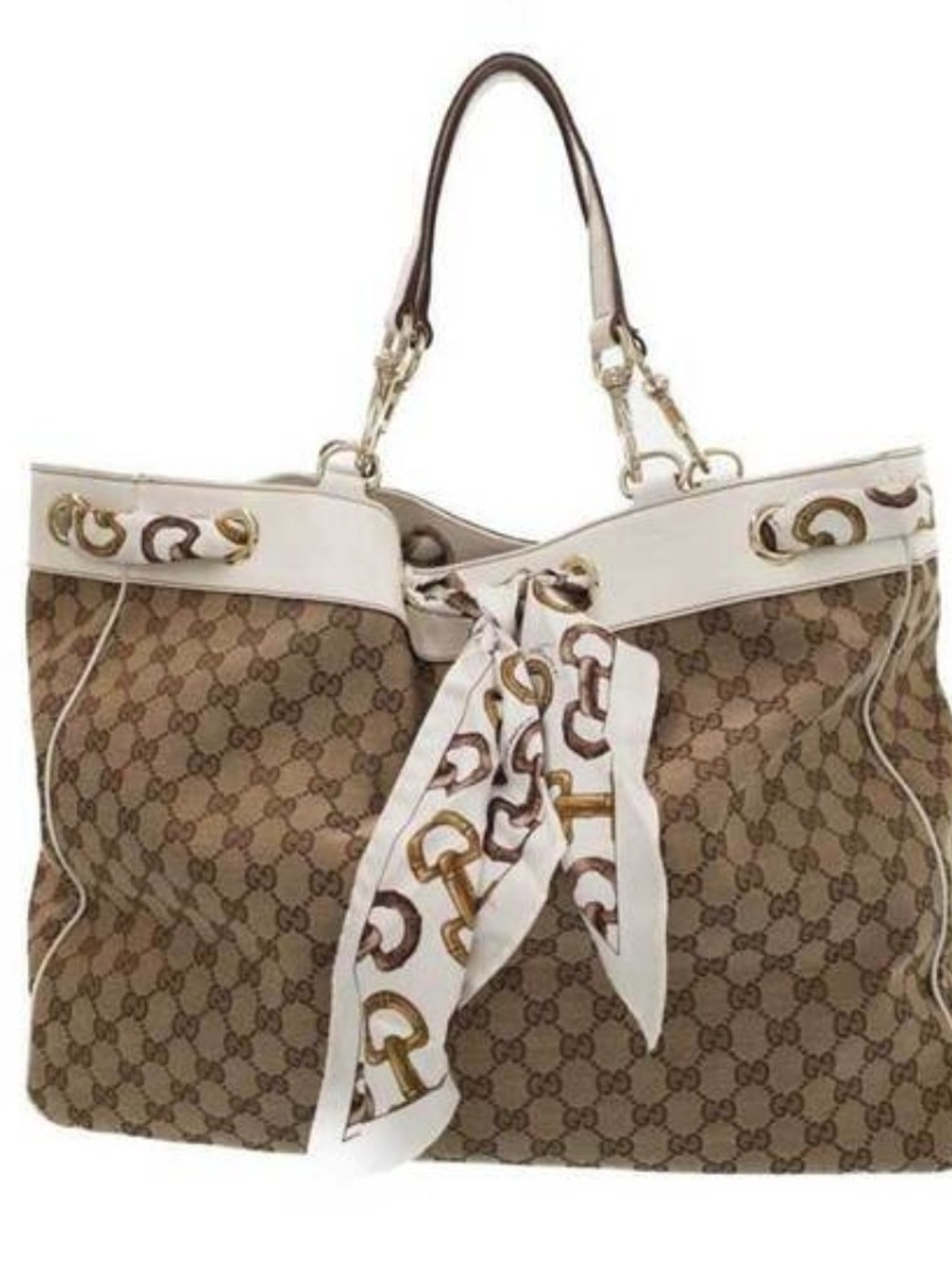 Gucci Brown/Beige GG Monogram Tote with White Trim and Scarf Accent